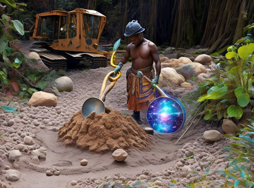 Person in hard hat and skirt digging near sand pile with universe pan, bulldozer in forest.