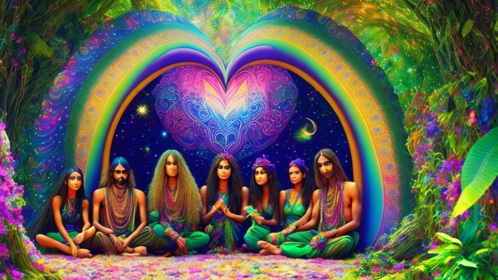 Six people meditating in vibrant psychedelic forest with heart-shaped aura