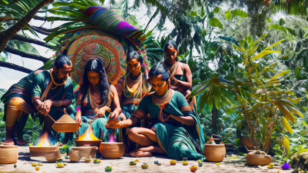 Ceremony with Fire: Five People in Traditional Clothing amid Greenery