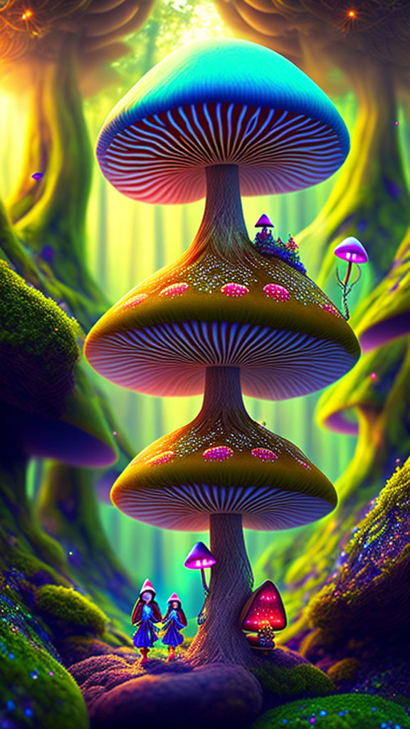 Digital art: Oversized luminescent mushrooms in enchanting forest with small fairytale characters.