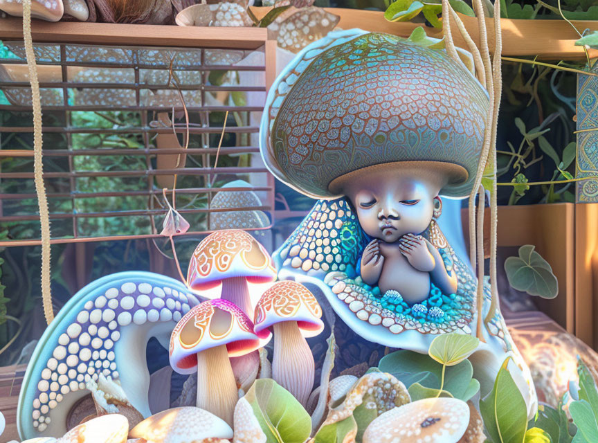 Digital illustration of baby-like character among oversized mushrooms in lush environment