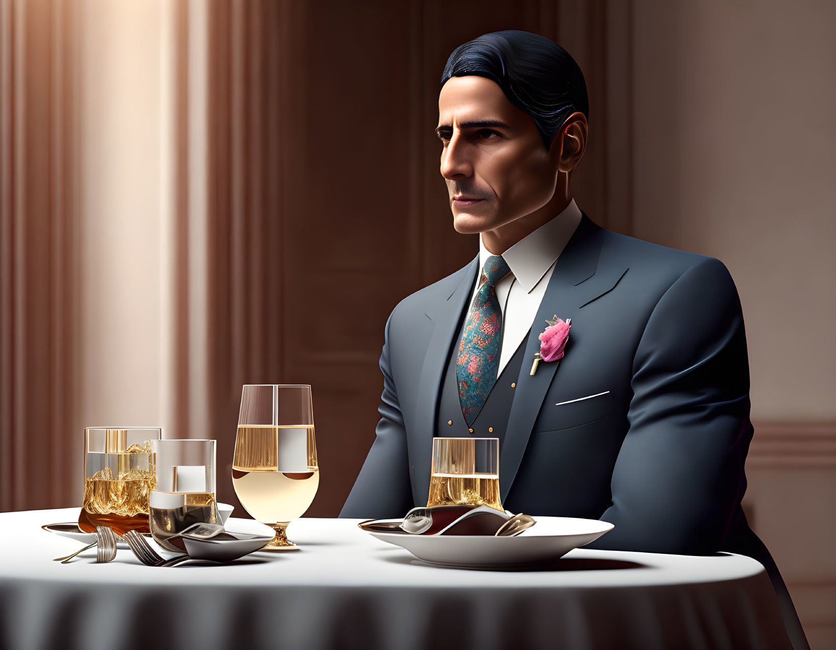 Elegant man in suit at dining table with wine and plate