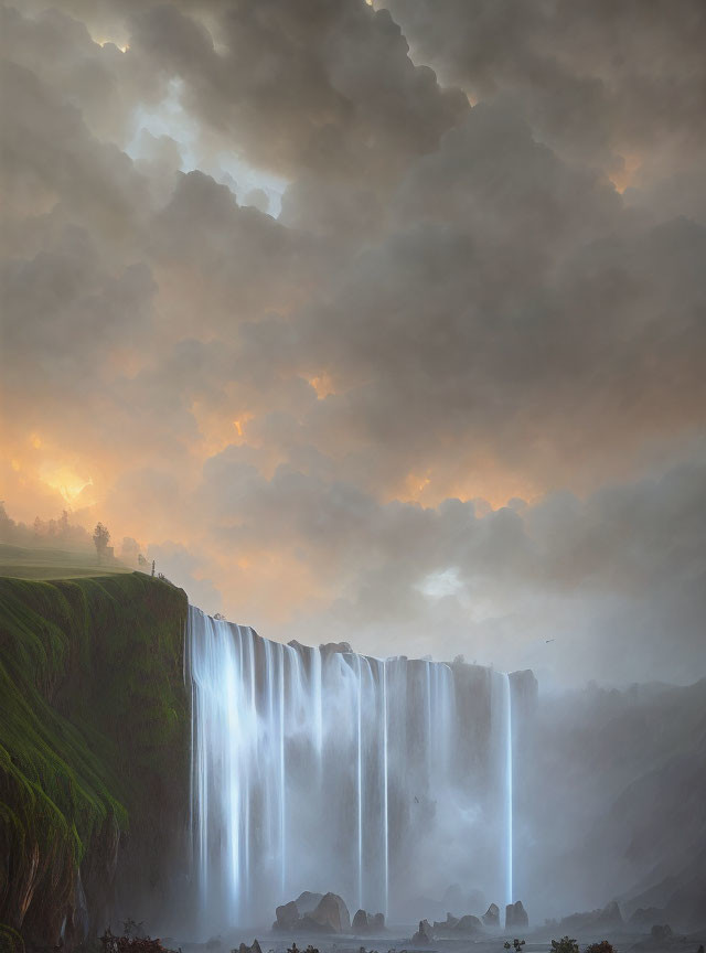 Majestic waterfall cascading over lush cliff with billowing clouds and warm sun glow