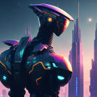 Futuristic black and blue robot against neon-lit skyscrapers at twilight