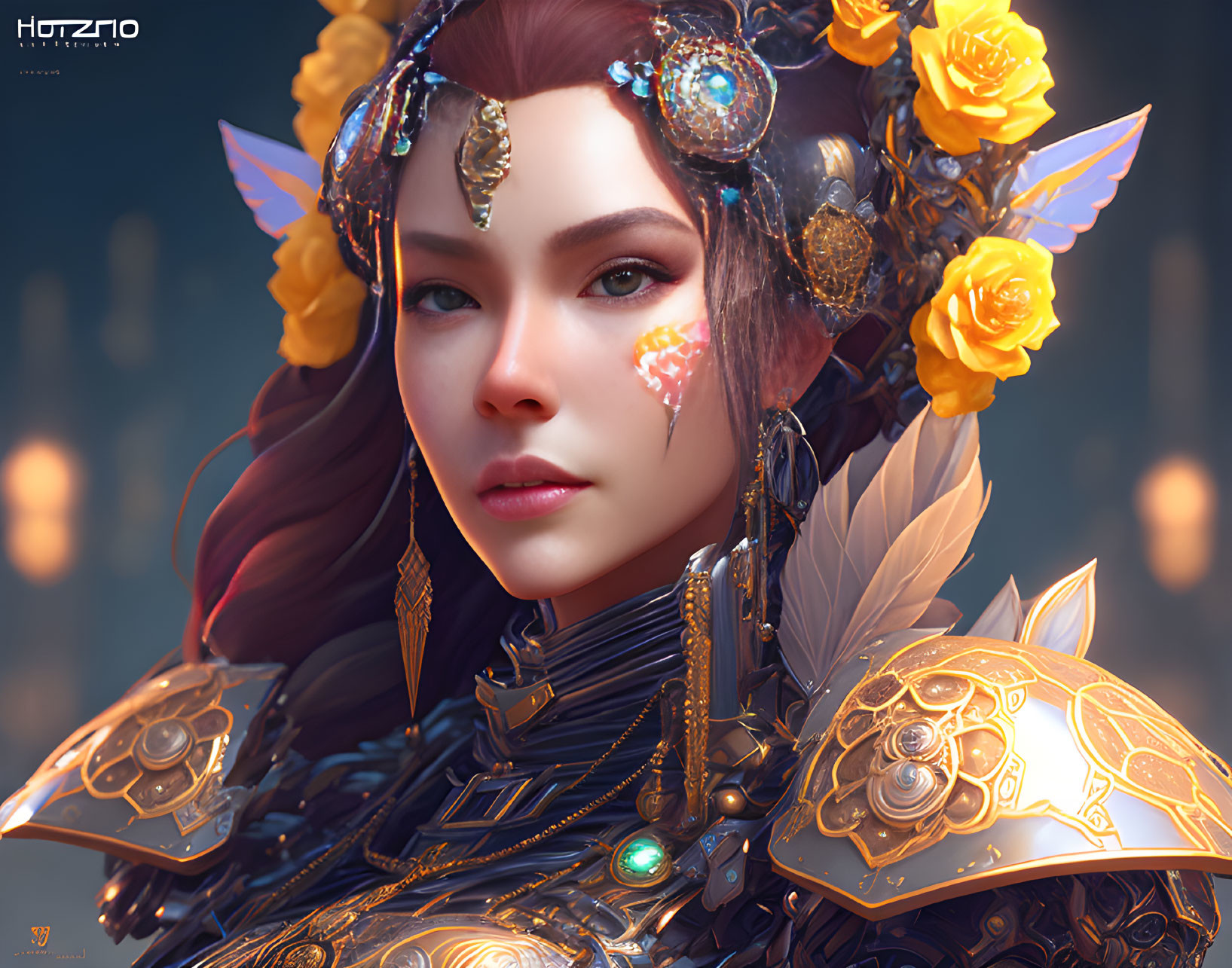 Digital artwork featuring woman with elf-like ears, golden headgear, detailed armor, and glowing jewels