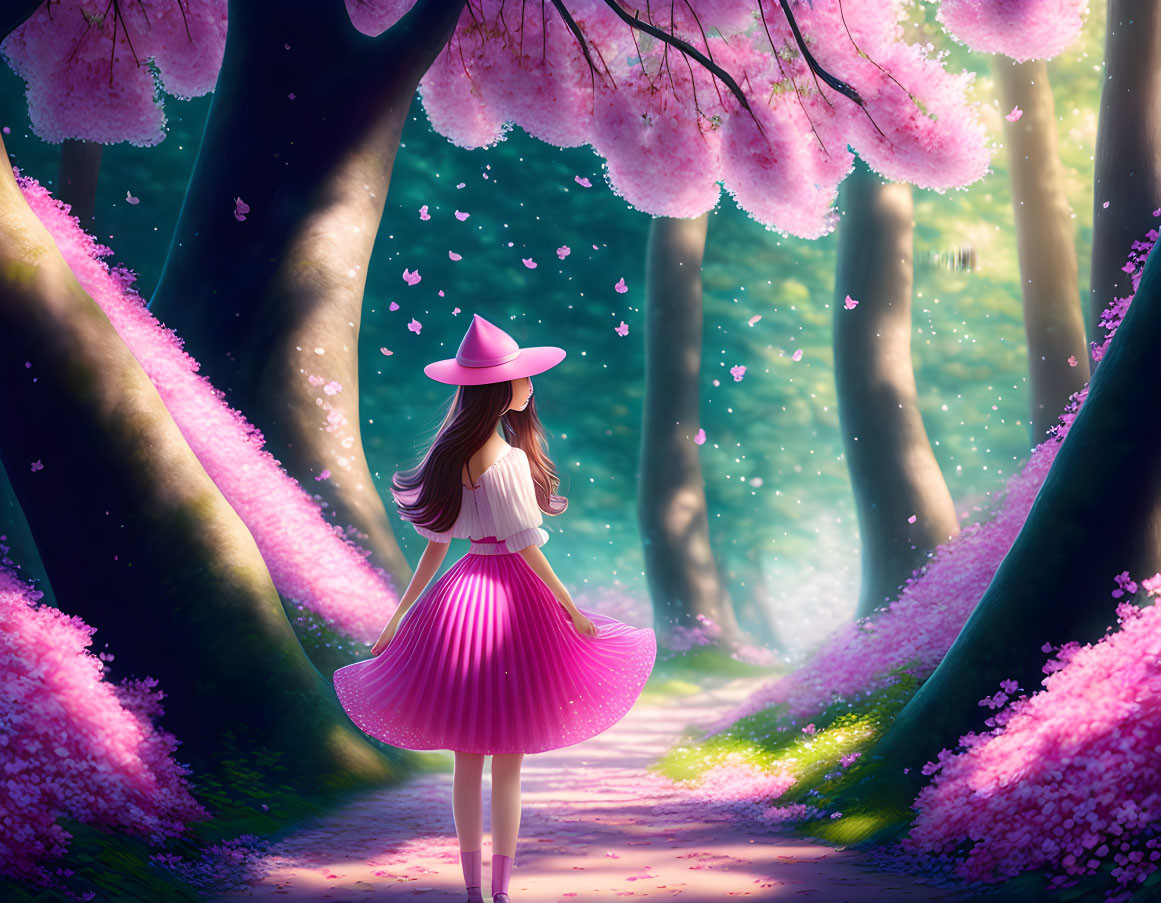 Woman in Pink Dress under Cherry Blossoms on Sunlit Forest Path