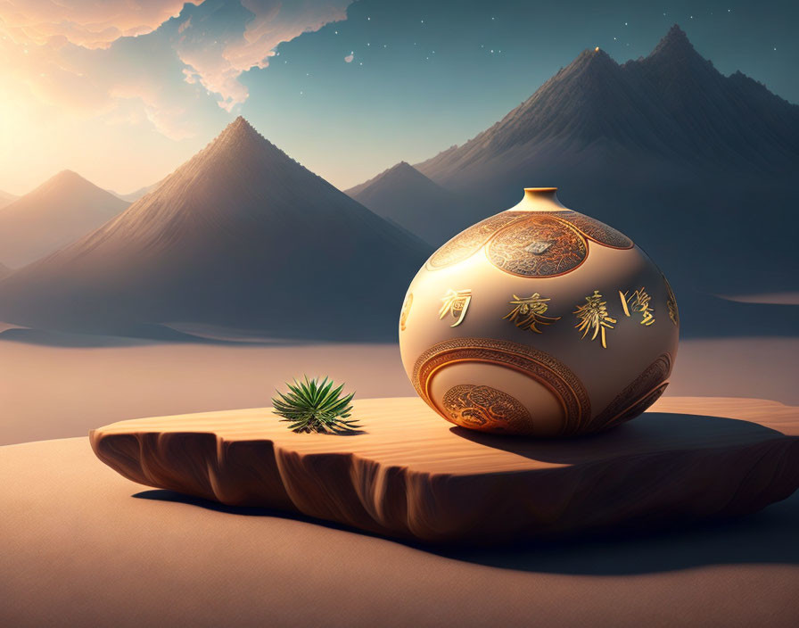 Ornate spherical vase with intricate designs and green plant in desert landscape