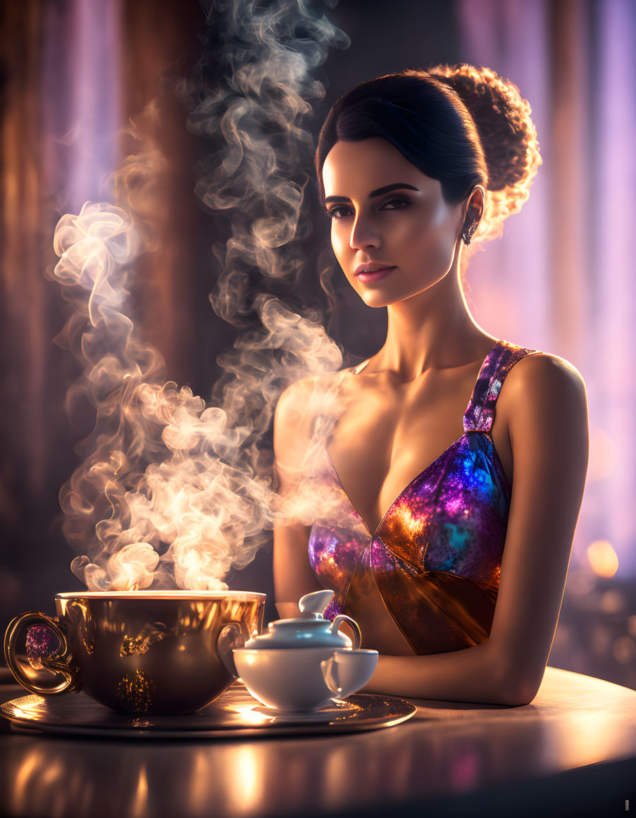 Serene woman with elegant updo enjoying tea in ambient lighting