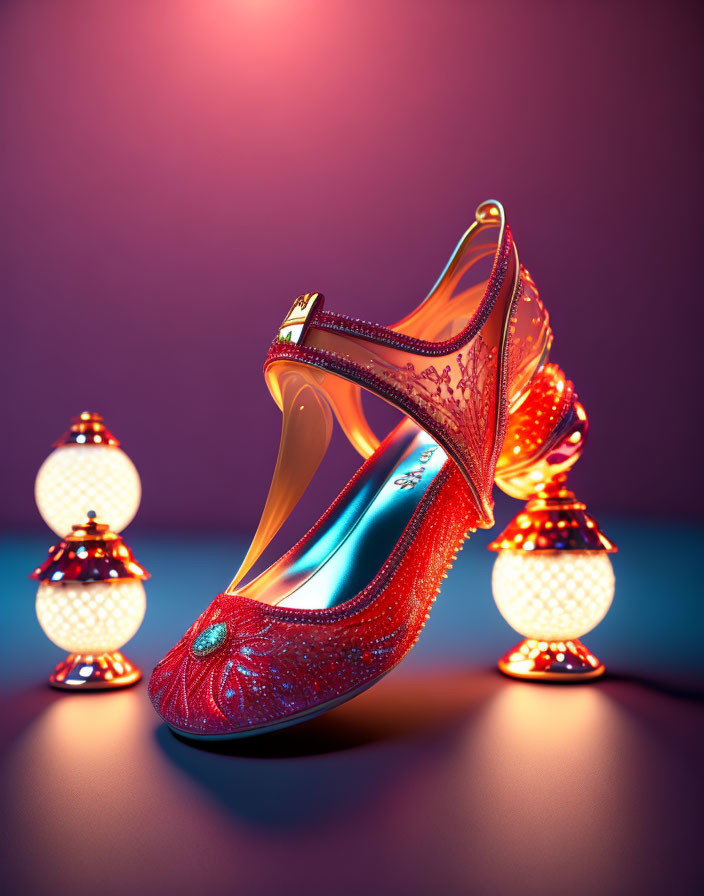 Red Ornate High-Heeled Shoe on Purple Background with Glowing Lamps