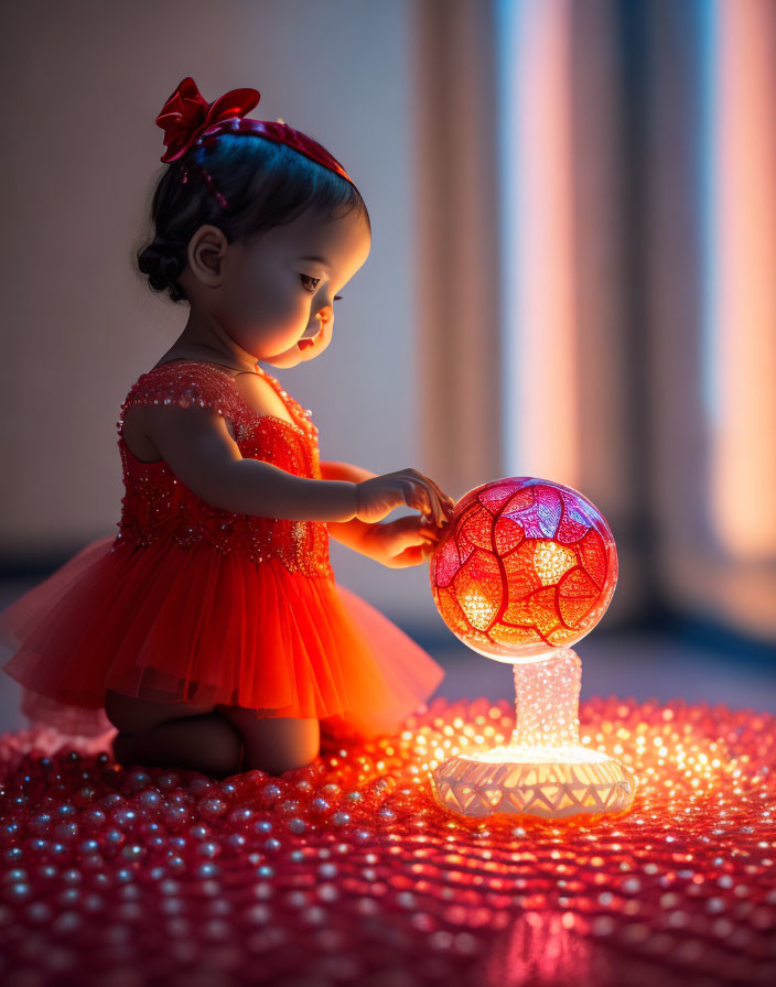 Young child in red dress with bow touching glowing orb on beaded surface amid warm light and soft shadows