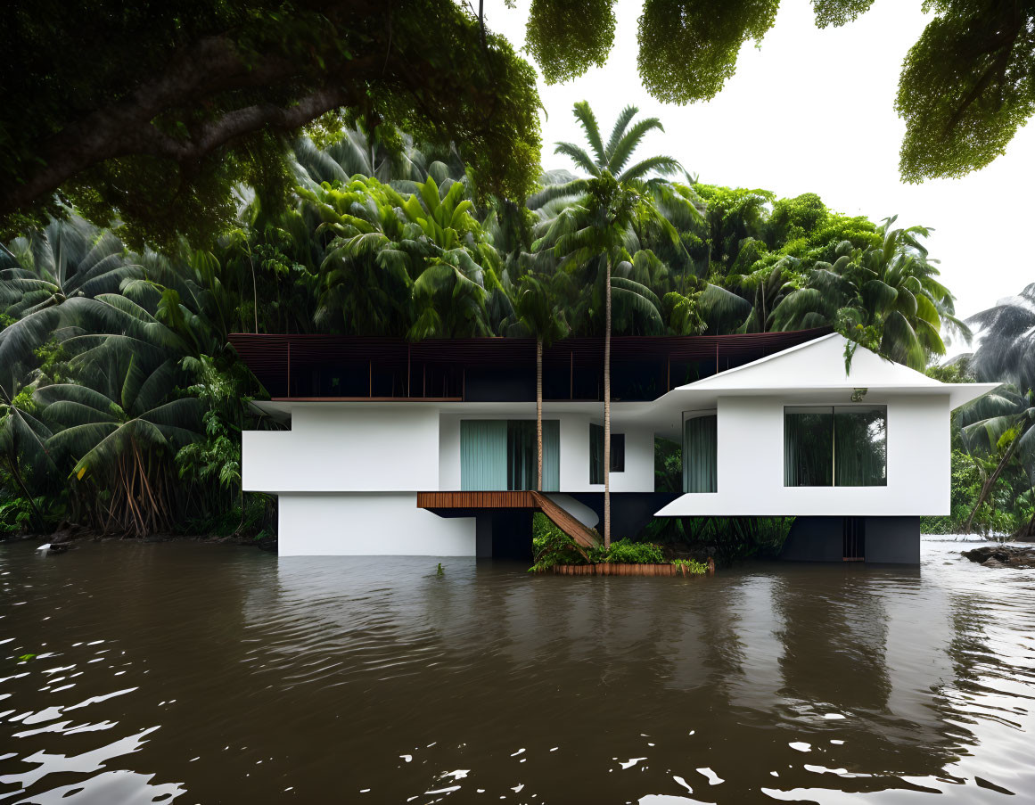 Contemporary White House with Large Windows and Tropical Plants near Water