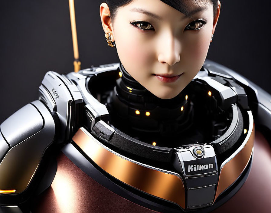 Female-Presenting Android in Black and Gold Futuristic Armor