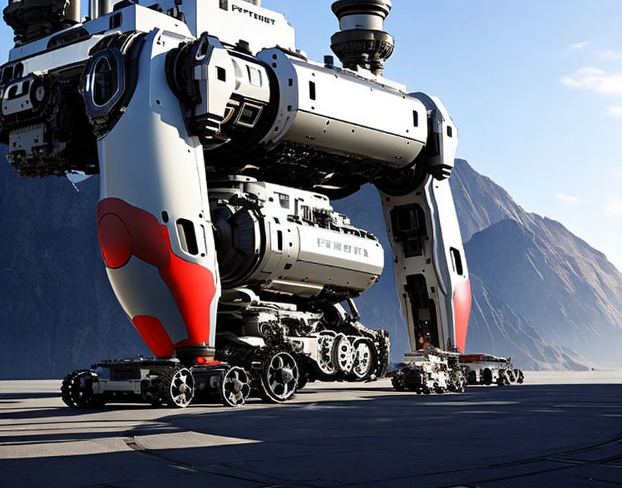 Large white and red robotic mech in mountainous landscape