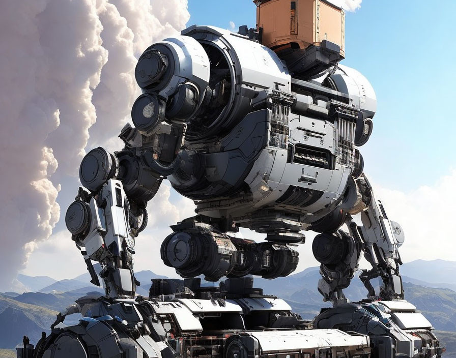 Gigantic armored mech in mountainous landscape with smoke plume