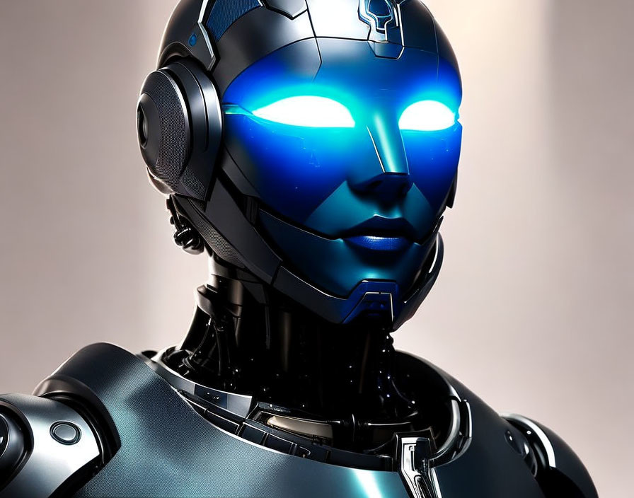 Futuristic robot head with glowing blue eyes and sleek metallic design