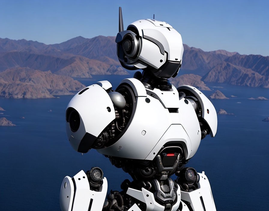 White and Black Humanoid Robot with Camera Head in Mountainous Lakeside Scene