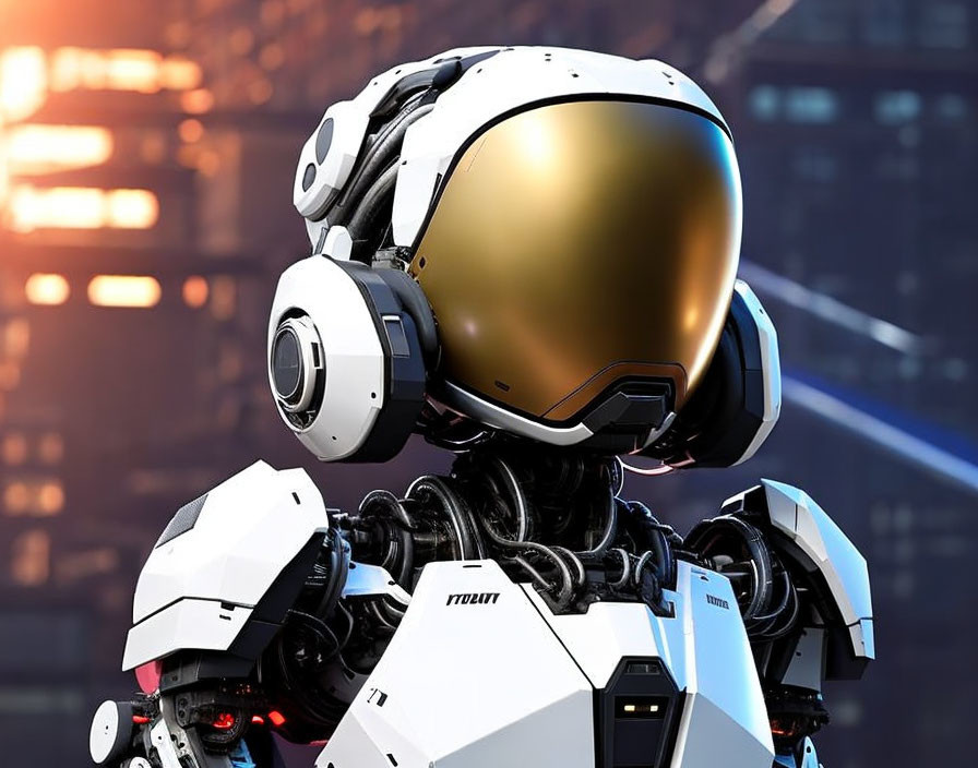 Futuristic robot with gold visor and white armor against cityscape.