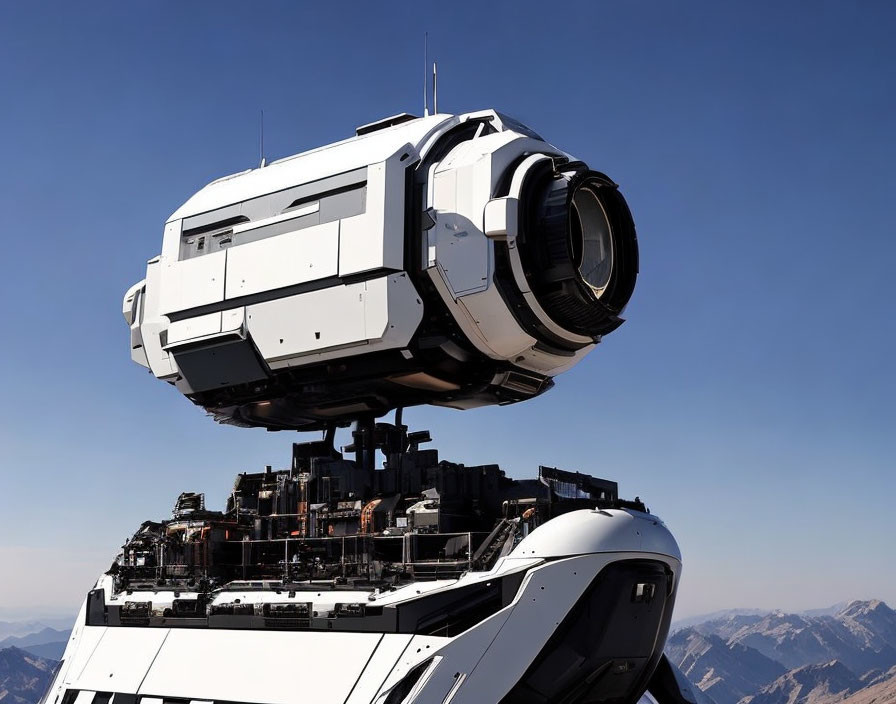 Futuristic camera lens structure atop modern building with mountainous backdrop