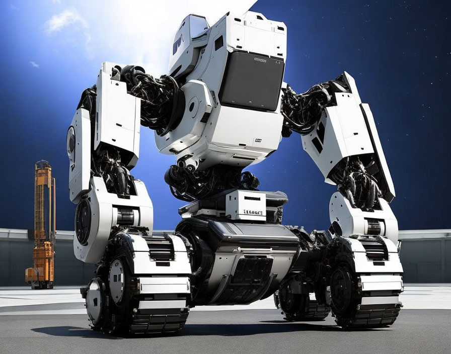 Black and white humanoid robot with tank treads and heavy-duty arms in industrial setting