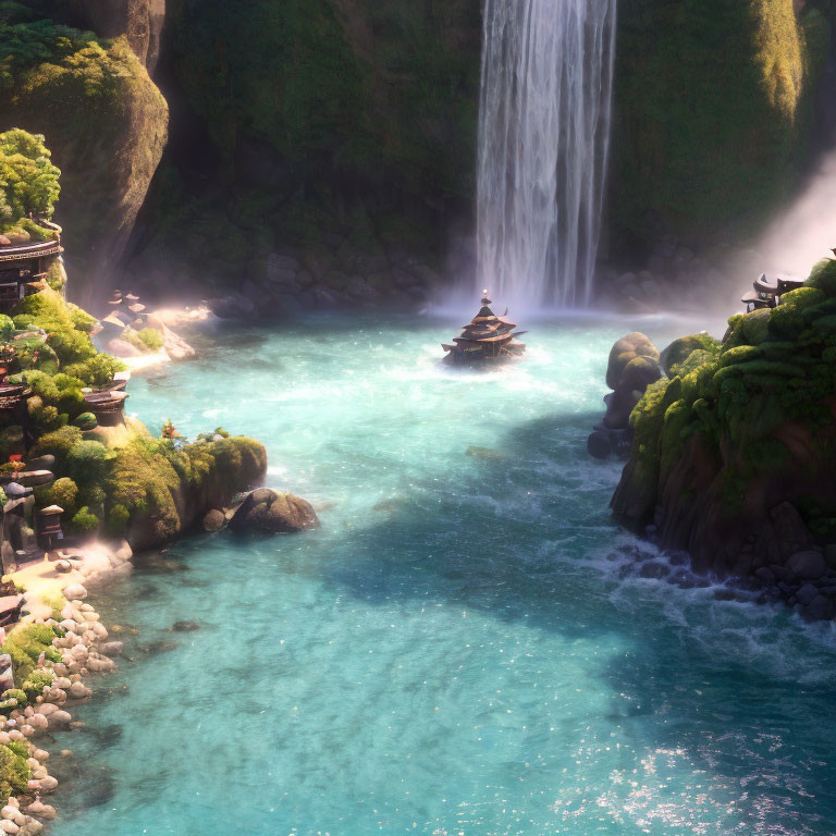 Tranquil waterfall cascades into blue river with pagoda on island