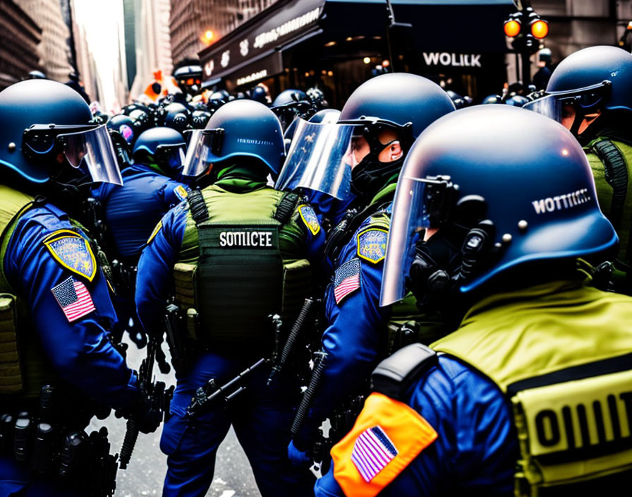 Riot police in full gear with helmets and shields on urban street