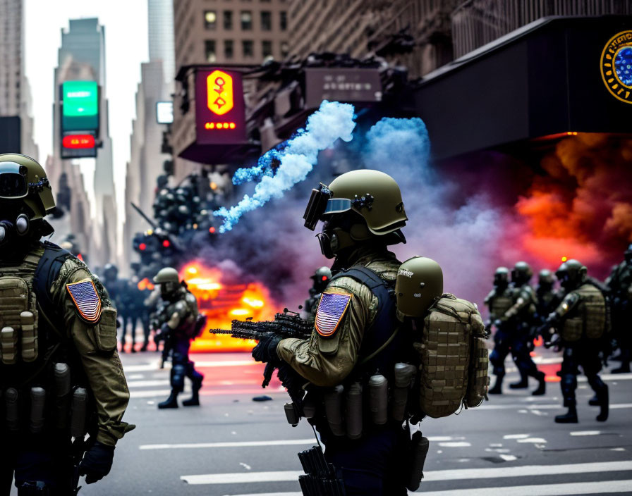 Riot police in gear with smoke flares on city street amid disturbance