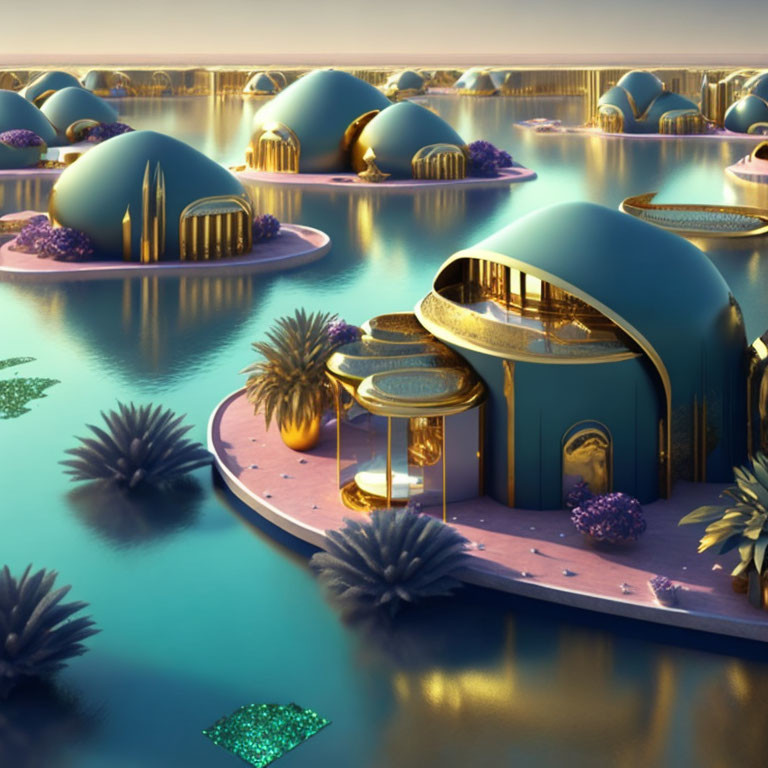 Futuristic domed structures with golden accents on water at twilight surrounded by lush vegetation.