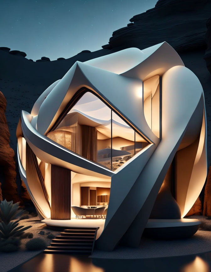 Futuristic white house among dark rock formations at night