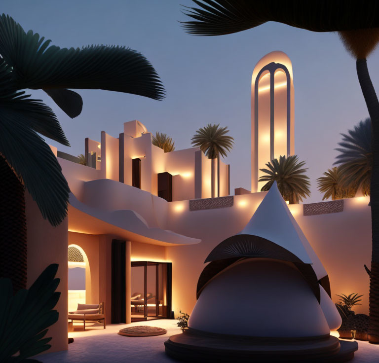 Modern desert oasis at twilight with stylized buildings, palms, and glowing tower.