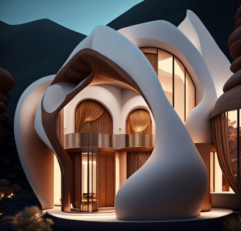 Futuristic house with organic shapes, large windows, warm interior, nestled in dark mountains at dusk