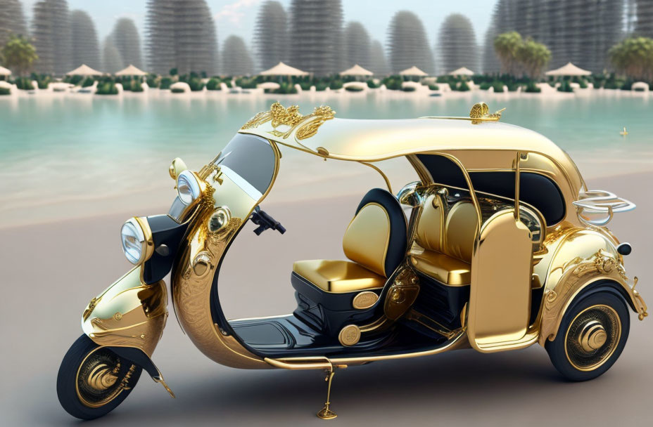 Golden Sidecar Scooter with Intricate Designs on Beach Background