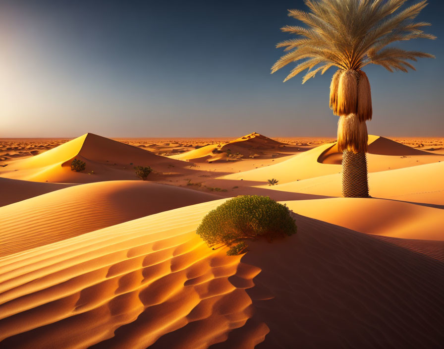 Vast Desert Landscape with Palm Tree and Green Shrub