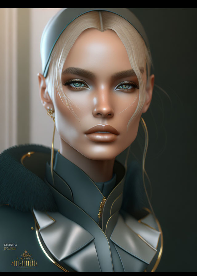 3D-rendered image: Woman with green eyes, blonde hair, futuristic attire