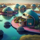 Futuristic domed structures with golden accents on water at twilight surrounded by lush vegetation.