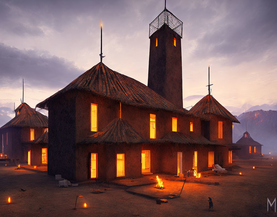 Traditional African village with thatched-roof buildings and tall tower at dusk