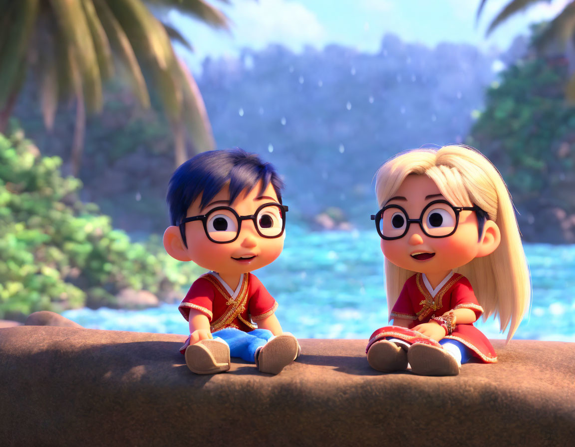 Animated characters with glasses in red traditional outfits on a rock in a tropical setting