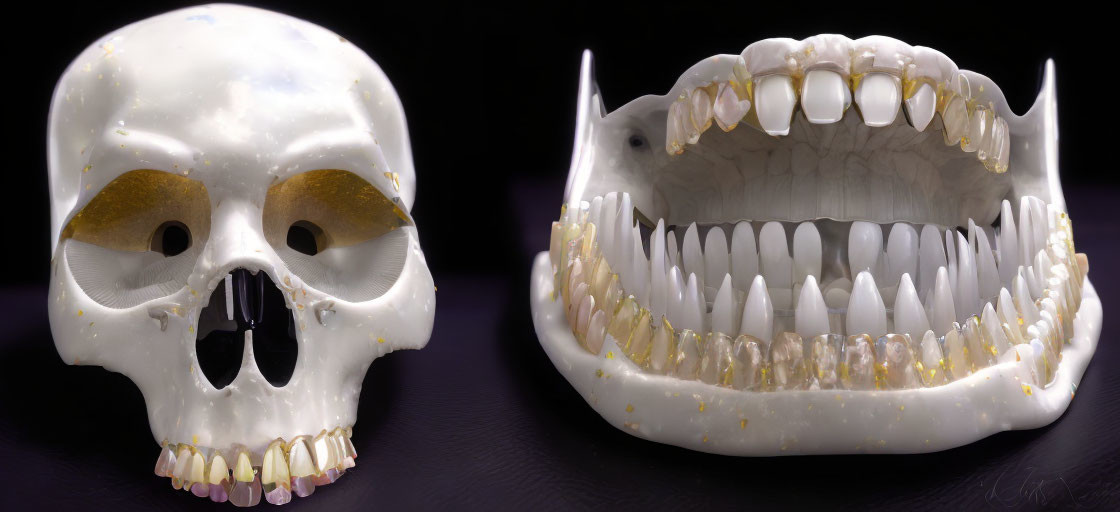 Split human skull with stylized oversized teeth and golden detailing on dark background