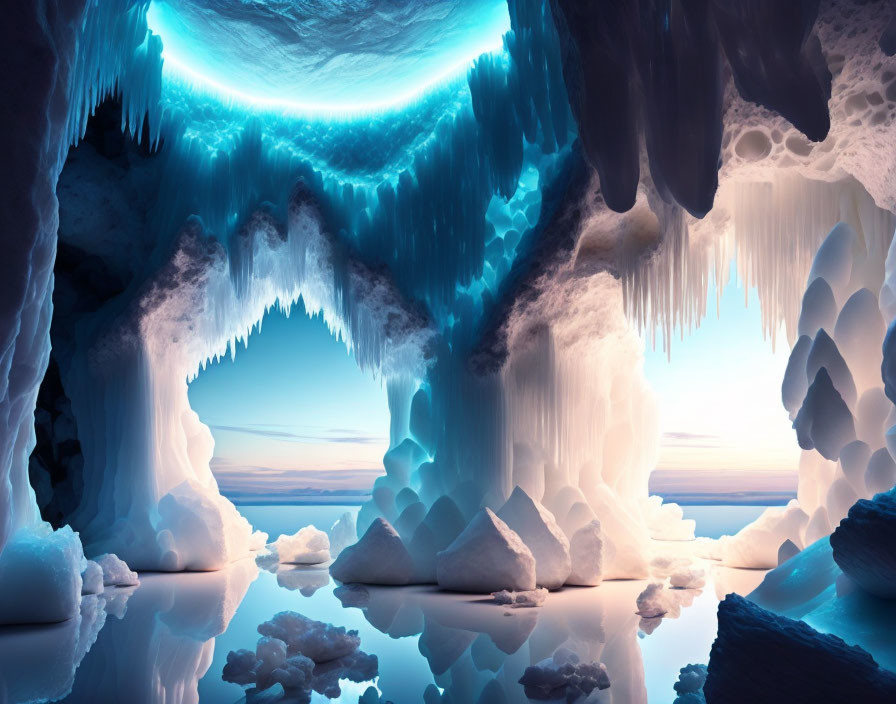 Tranquil Ice Cave with Glowing Blue Light and Icebergs