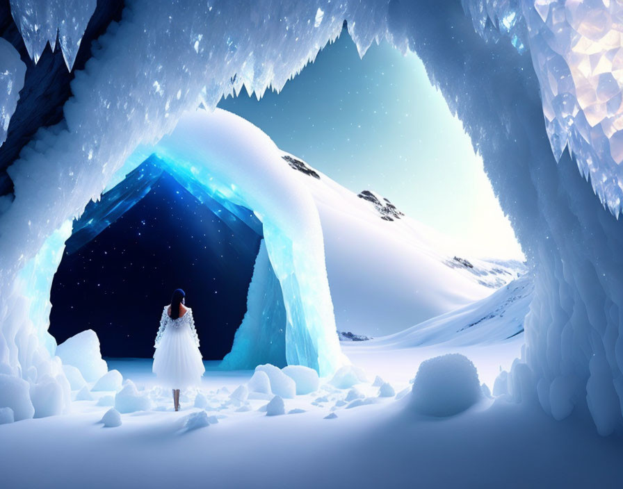 Person in White Dress at Entrance of Glowing Icy Cave