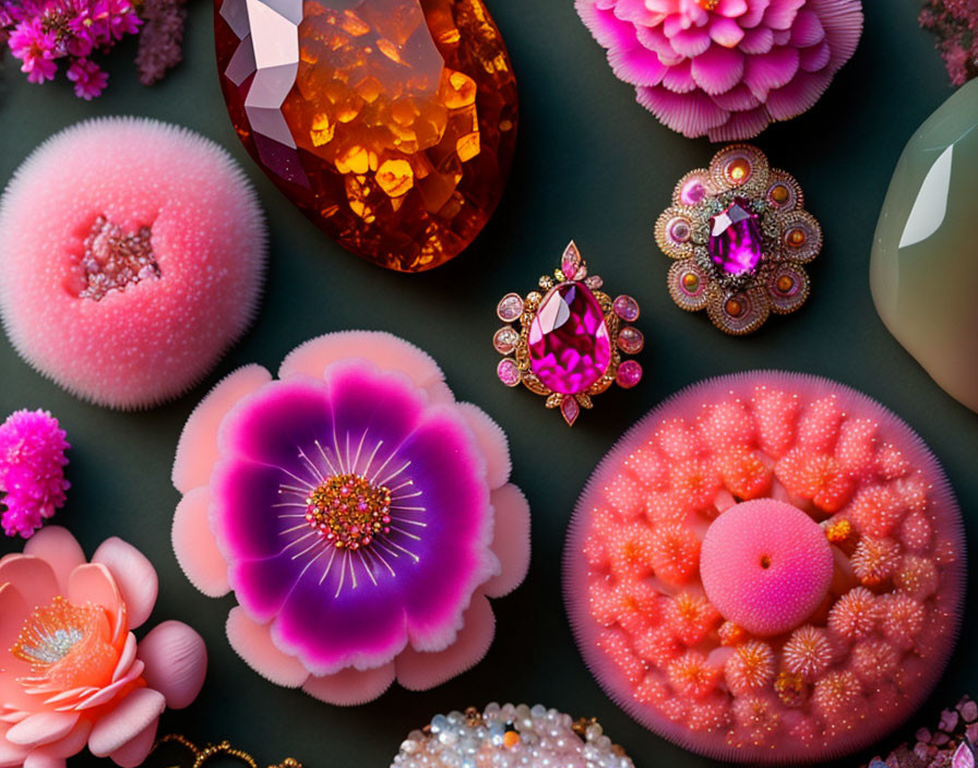 Colorful Gemstones and Jewelry with Pink and Coral Sea Urchins on Dark Background