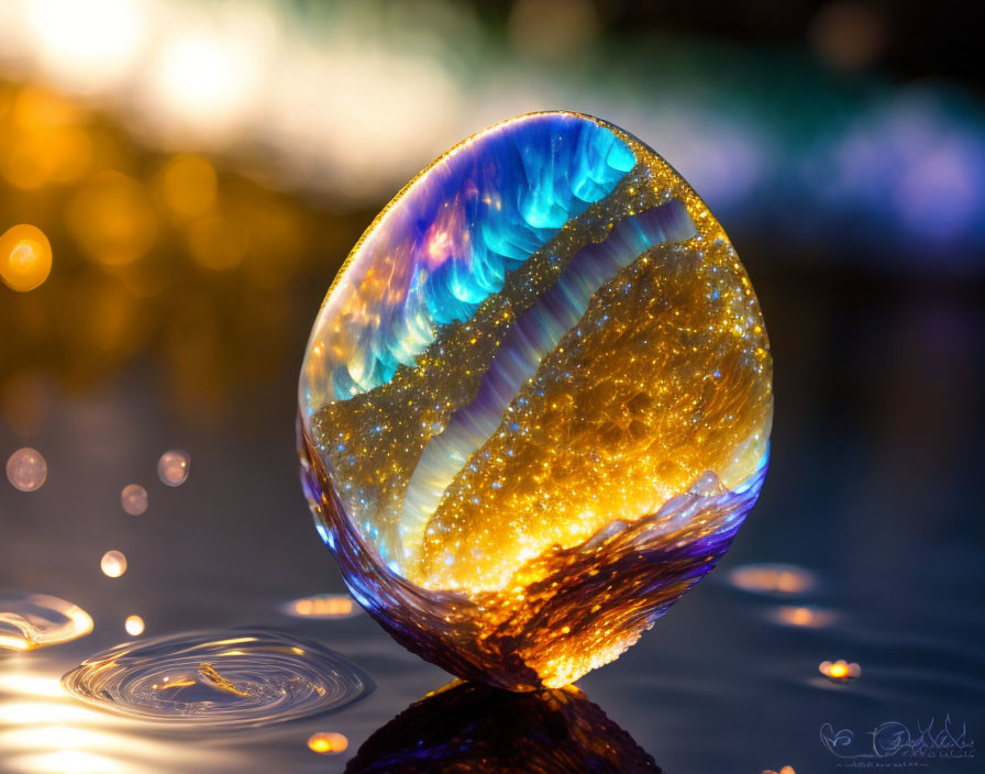 Glowing crystal ball with blue and golden hues on reflective surface