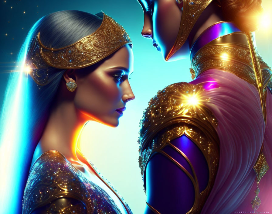 Stylized regal female figures in golden attire on vibrant blue background