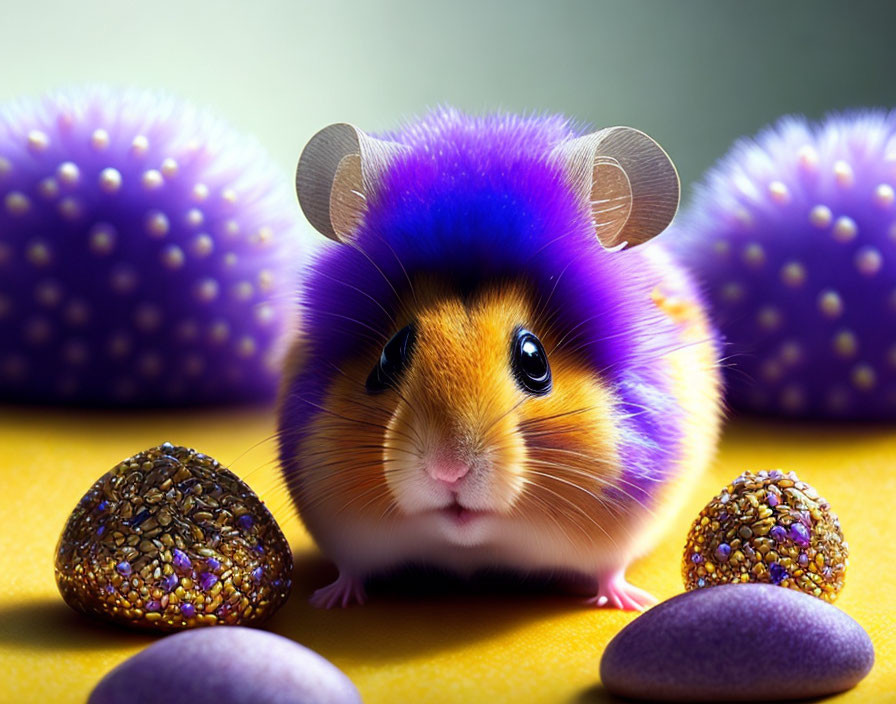 Colorful Hamster with Purple Ears Surrounded by Eggs and Spiky Balls