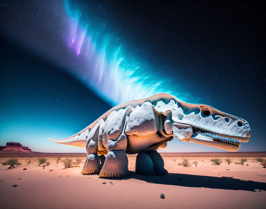 Dinosaur skeleton in desert under night sky with aurora