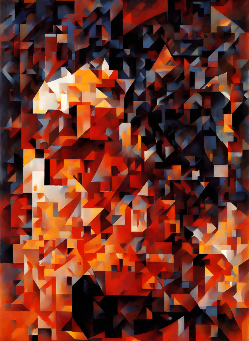 Vibrant red, orange, black, and white geometric abstract painting