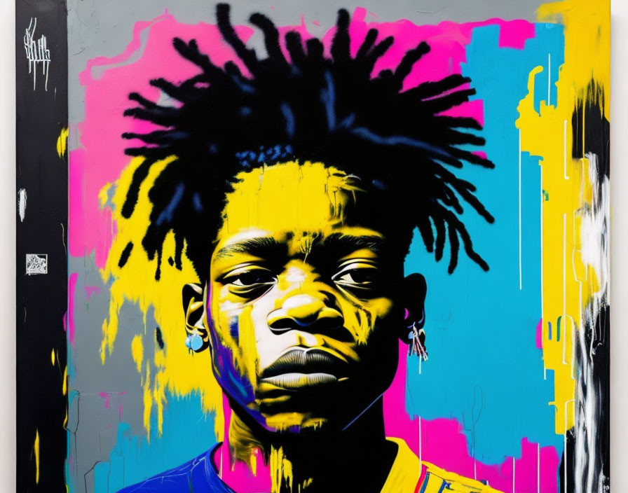 Vibrant urban graffiti portrait with expressive gaze in pink, yellow, and blue hues