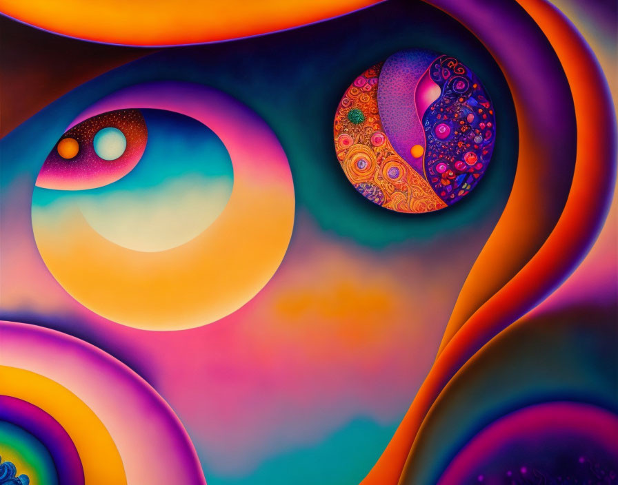 Colorful Abstract Painting with Swirling Patterns and Circular Motifs