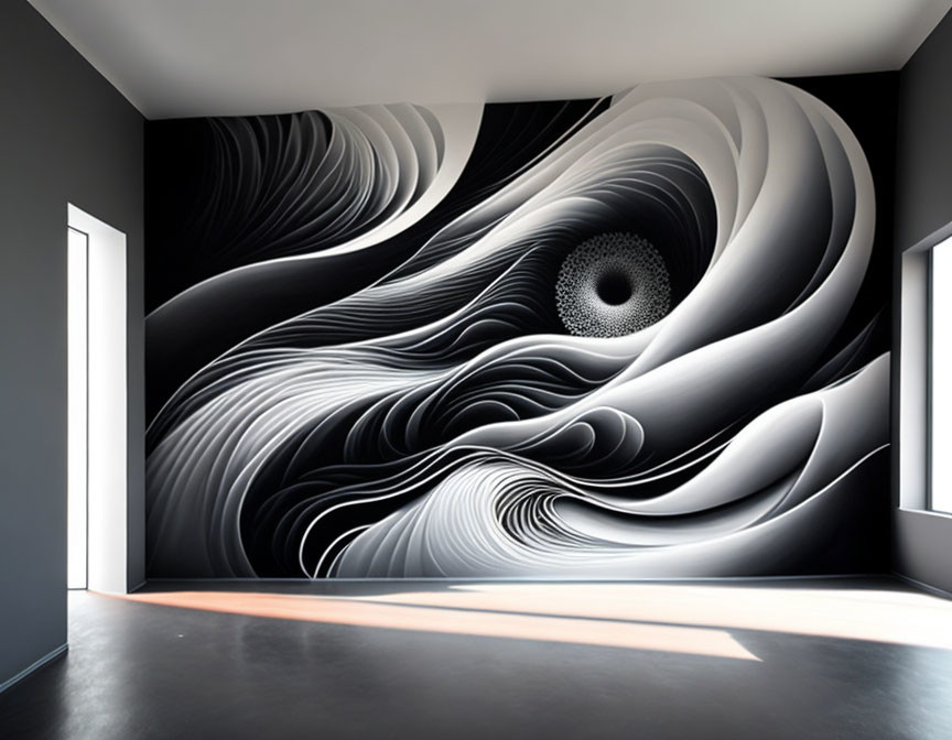 Abstract black wall mural with white and gray waves illusion