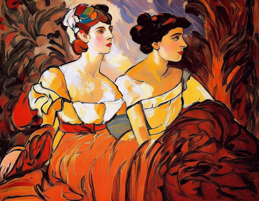 Two women in colorful period dresses on vibrant abstract background