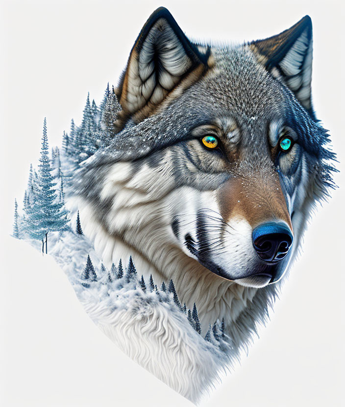 Digital artwork: Wolf face merged with snowy landscape and pine trees